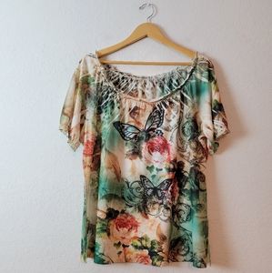 Vintage Butterfly Y2K Mall Goth Tattoo Mcbling Fairy Grunge Blouse Xl